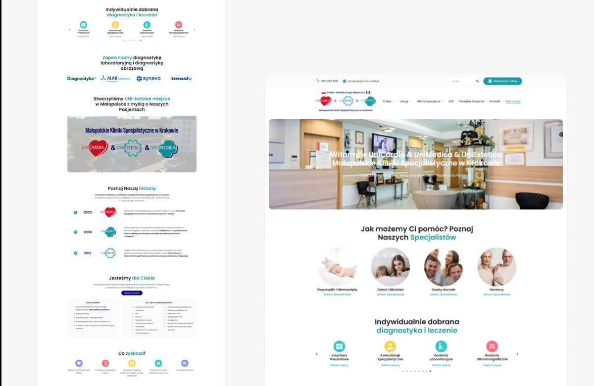 Układ strony internetowej kliniki medycznej z sekcjami: oferta, historia, specjaliści, kontakt. Jasna kolorystyka, nowoczesny design, czytelna struktura.