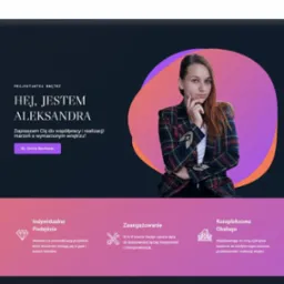 Strona internetowa firmy ALX Interior Design z portretem projektantki wnętrz Aleksandry w marynarce w kratę na tle gradientowego okręgu.