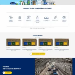 Strona internetowa firmy Bys zajmującej się wywozem śmieci, prezentująca niebiesko-białą śmieciarkę z logo firmy i symbolem recyklingu.