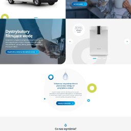 migomedia (od 2009) - Projekt strony internetowej firmy zajmującej się dystrybucją wody pitnej, z widocznym logo Aquamo, hasłem reklamowym i zdjęciami produktów oraz zadowolonych klientów.