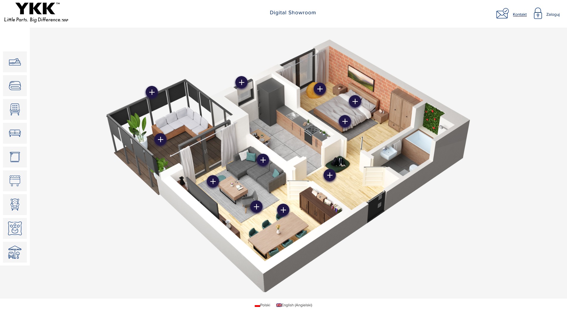 Trójwymiarowy rzut mieszkania z góry, prezentujący umeblowanie salonu, kuchni, sypialni, łazienki i balkonu, w jasnej kolorystyce.