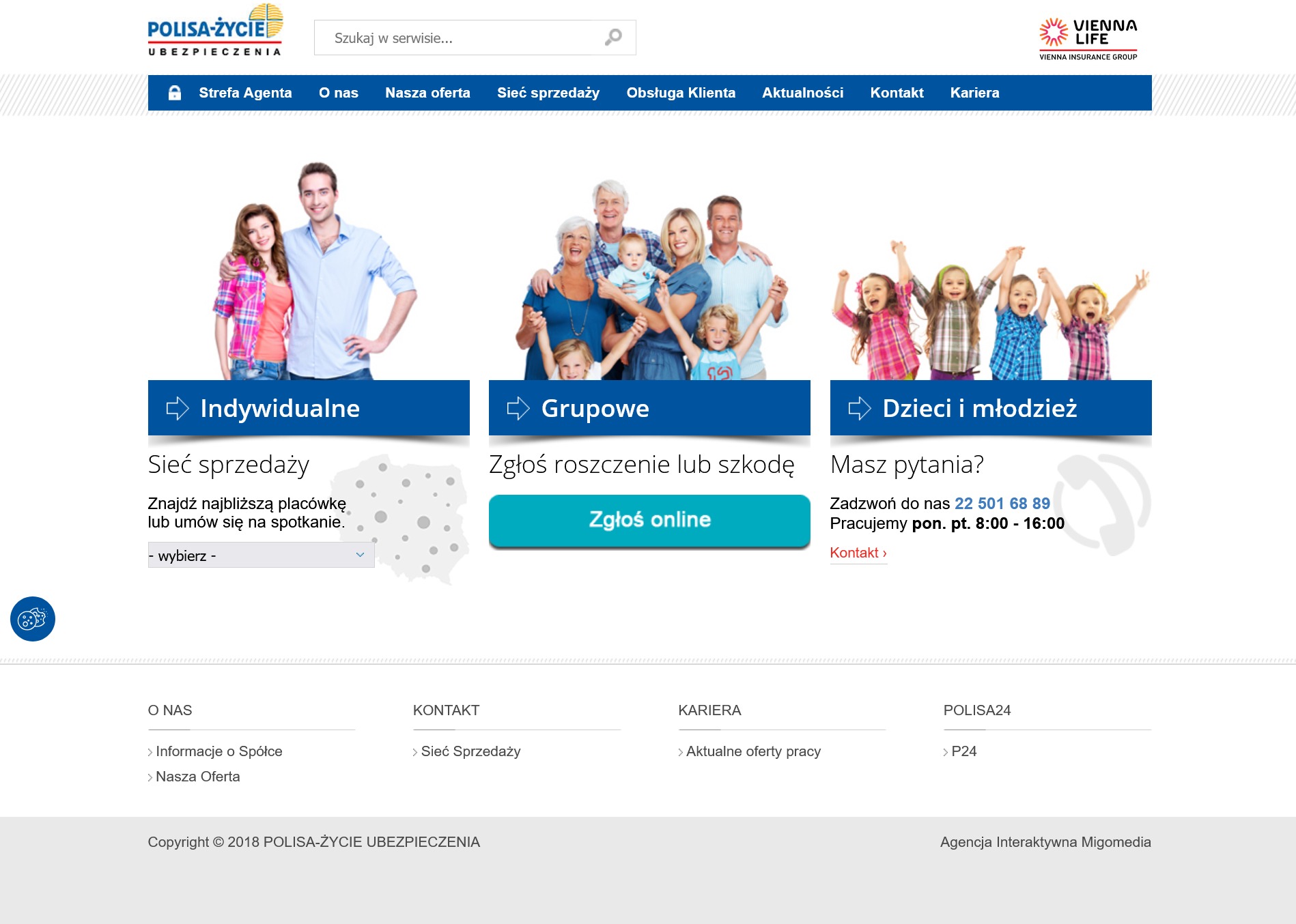 Strona internetowa firmy ubezpieczeniowej z podziałem na sekcje: Indywidualne, Grupowe, Dzieci i młodzież, prezentująca ofertę ubezpieczeń z przyjaznym interfejsem użytkownika.