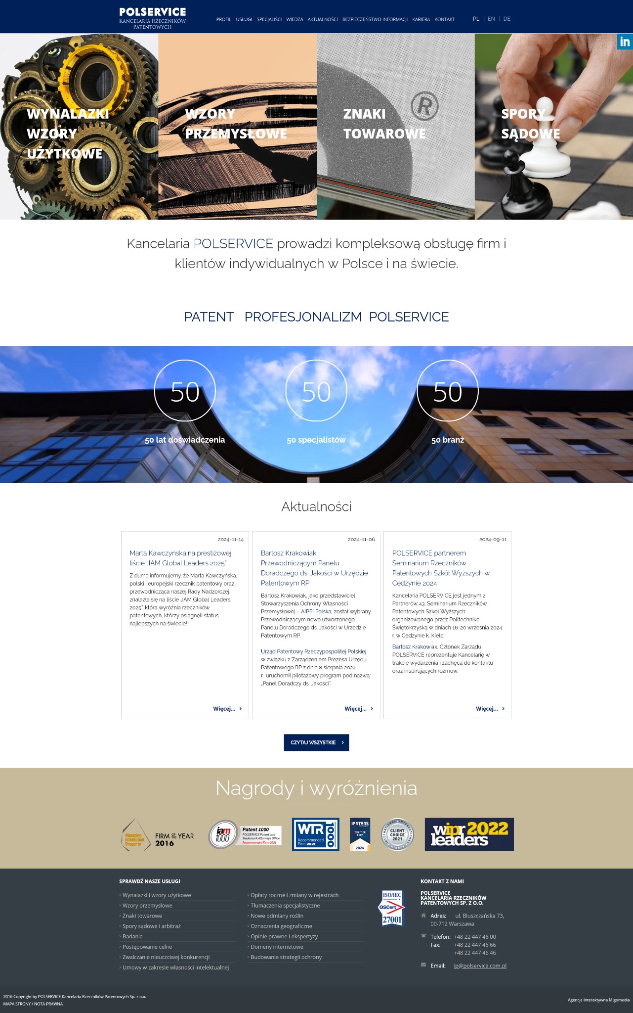 Strona internetowa kancelarii patentowej Polservice z wizualizacjami usług: mechanizmy, szkice, znaki towarowe i szachy, podkreślająca profesjonalizm i kompleksową obsługę.