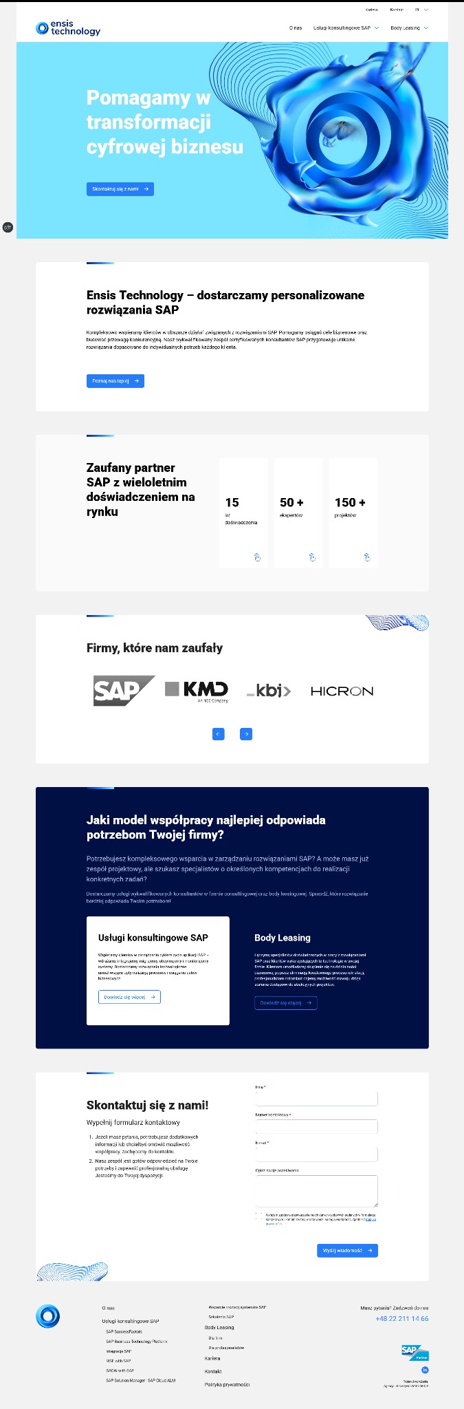 Strona internetowa firmy technologicznej Ensis Technology z nagłówkiem 'Pomagamy w transformacji cyfrowej biznesu', prezentująca usługi konsultingowe SAP i body leasing.