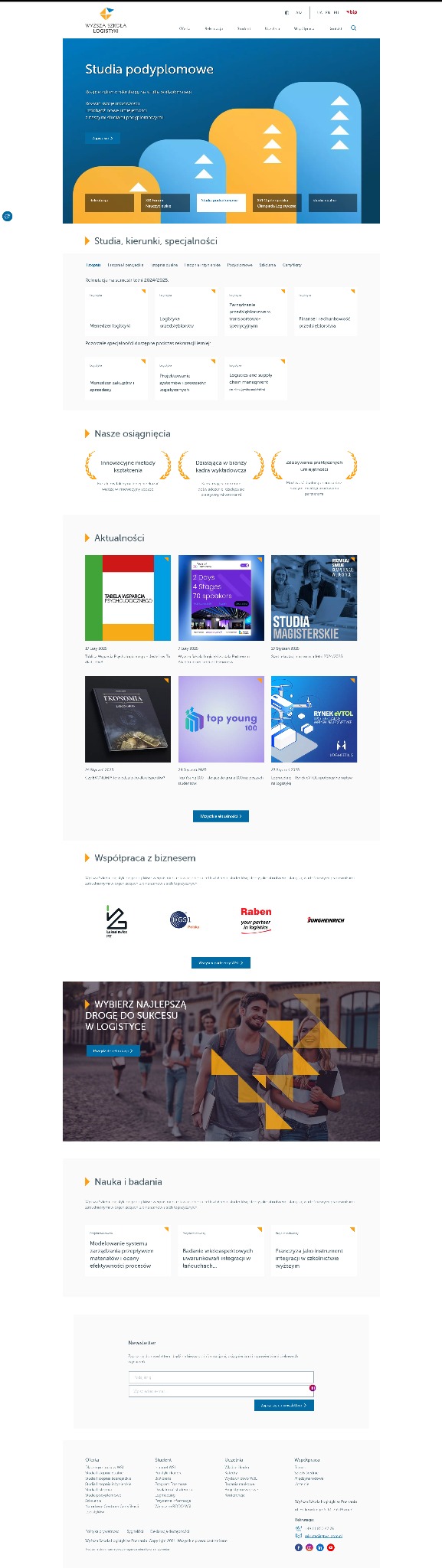 Strona internetowa uczelni wyższej z ofertą studiów podyplomowych i magisterskich, prezentująca kierunki, osiągnięcia, aktualności, współpracę z biznesem oraz badania naukowe, z logo uczelni...