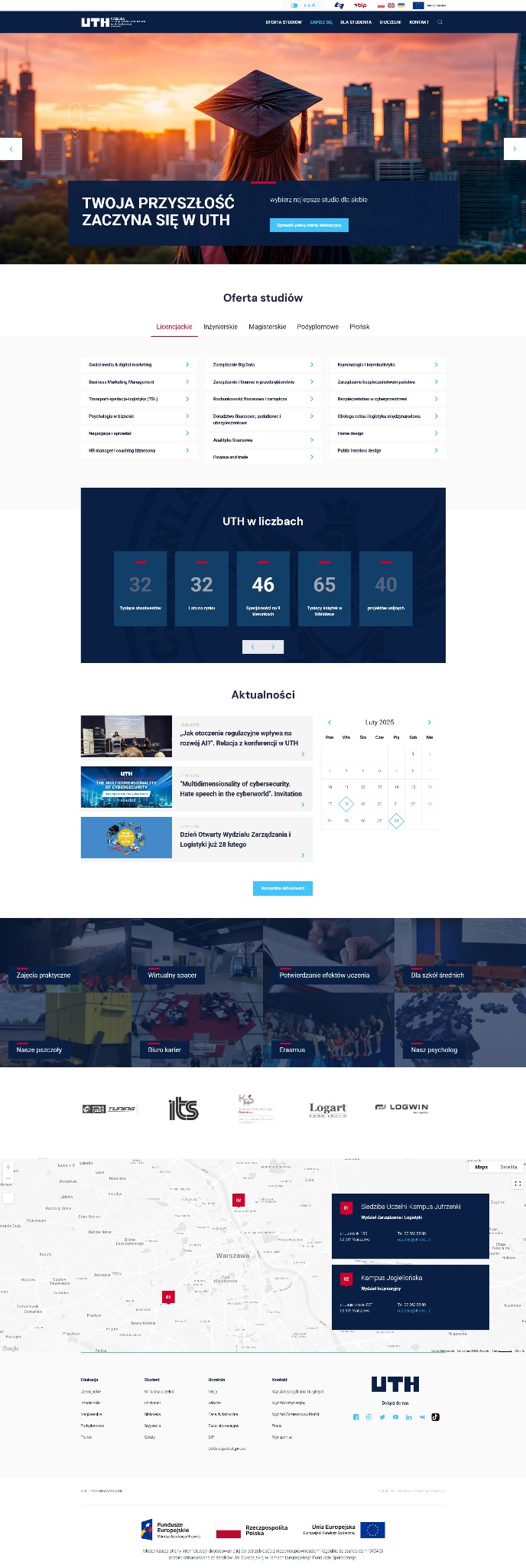 Strona internetowa uczelni wyższej z widocznym logo, ofertą studiów, aktualnościami i mapą kampusu.
