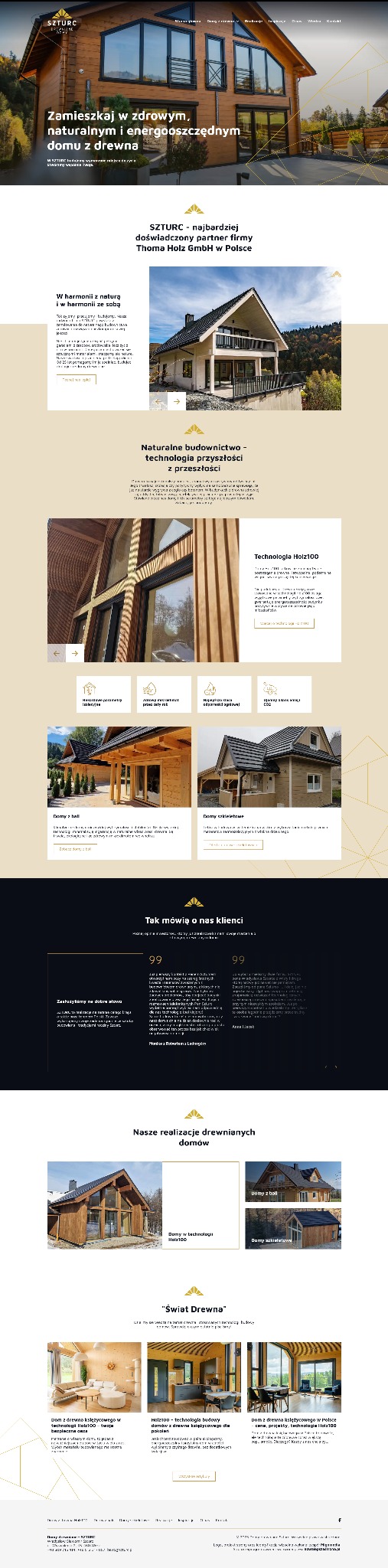 Strona internetowa firmy budowlanej specjalizującej się w domach drewnianych, prezentująca realizacje i technologie budowy.