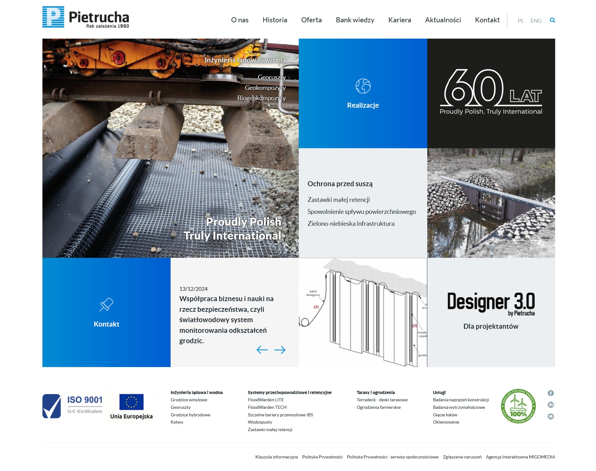 Fragment strony internetowej firmy Pietrucha, prezentujący realizacje w inżynierii lądowej i wodnej, z widocznymi georusztami, geokompozytami i biogeokompozytami, oraz hasłem 'Proudly Polish Truly...