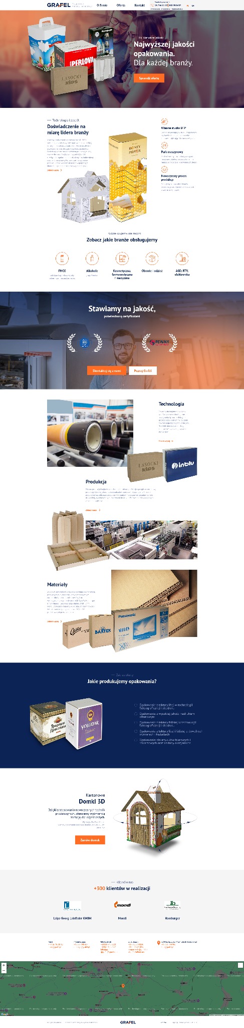 Strona internetowa firmy Grafel prezentująca przykładowe opakowania produktów, w tym kartonowe pudełka z logo marek Perlova, Lasocki Kids, Honey Dipper, Volodar, oraz materiały i technologie...