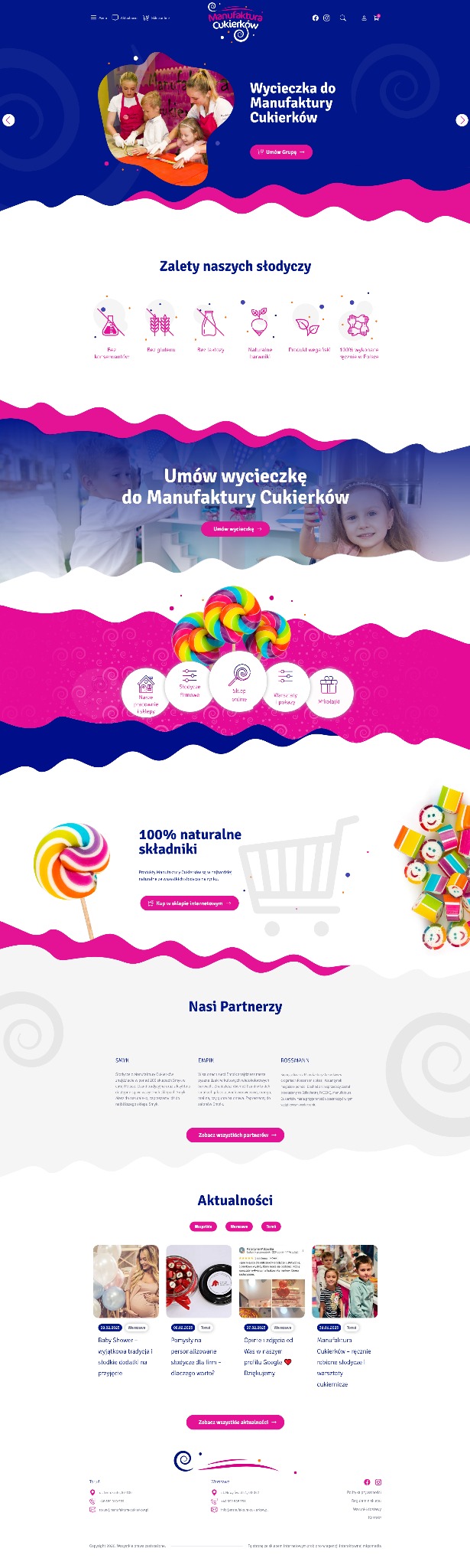 Projekt strony internetowej manufaktury cukierków z motywem wycieczek i warsztatów dla dzieci, prezentujący ofertę i aktualności.