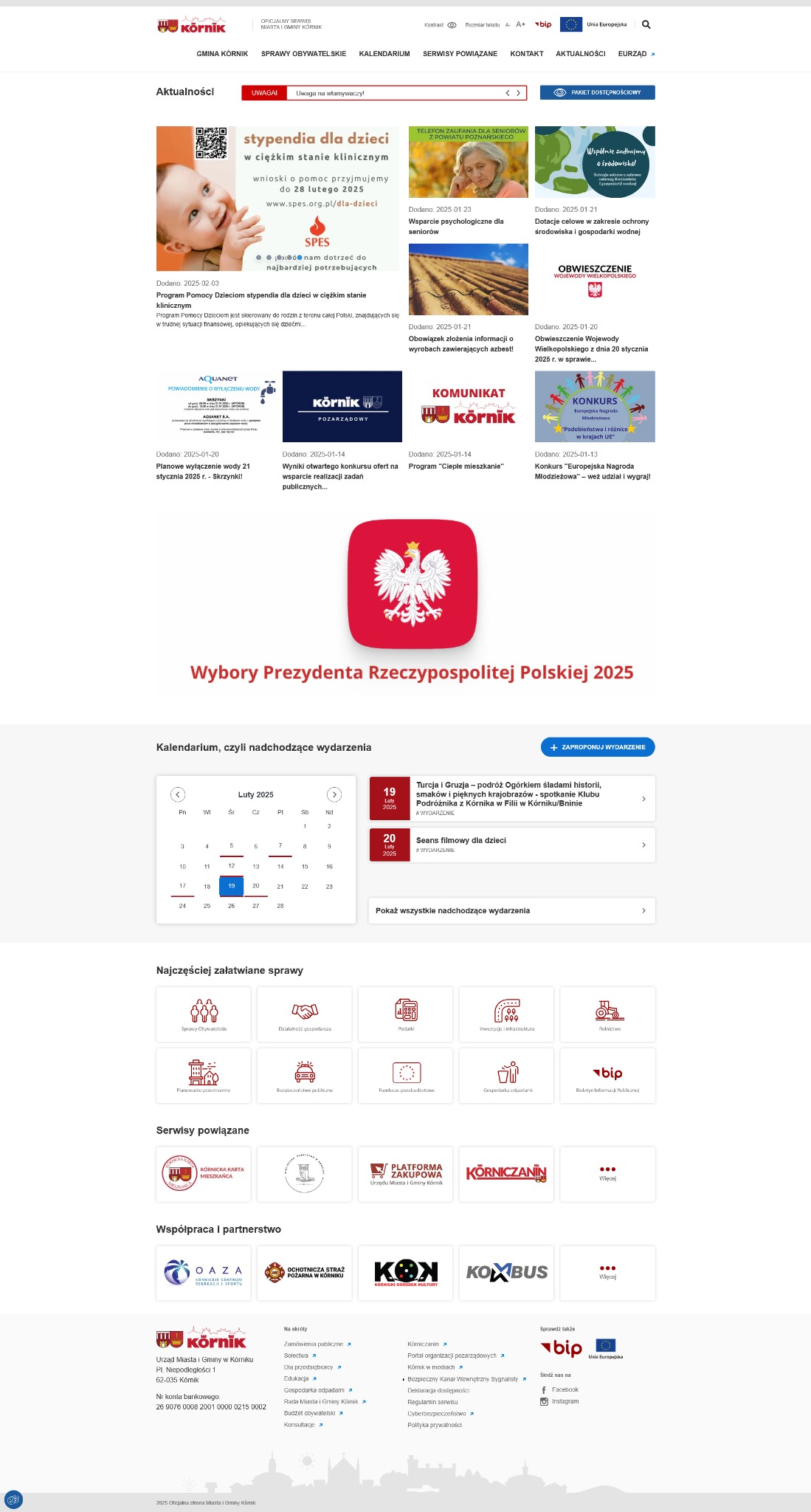 Strona internetowa miasta i gminy Kórnik z aktualnościami, kalendarzem wydarzeń i najczęściej załatwianymi sprawami, prezentująca logo miasta i odnośniki do serwisów powiązanych.