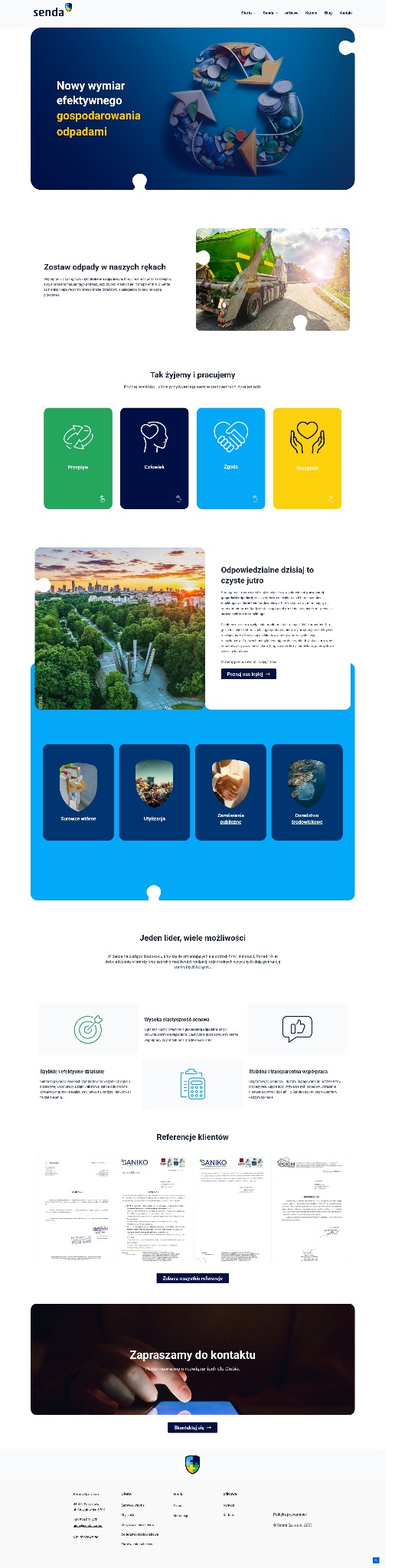 Strona internetowa firmy zajmującej się gospodarką odpadami, prezentująca usługi recyklingu, utylizacji i pozyskiwania surowców wtórnych, z grafiką symbolu recyklingu ułożonego z odpadów.
