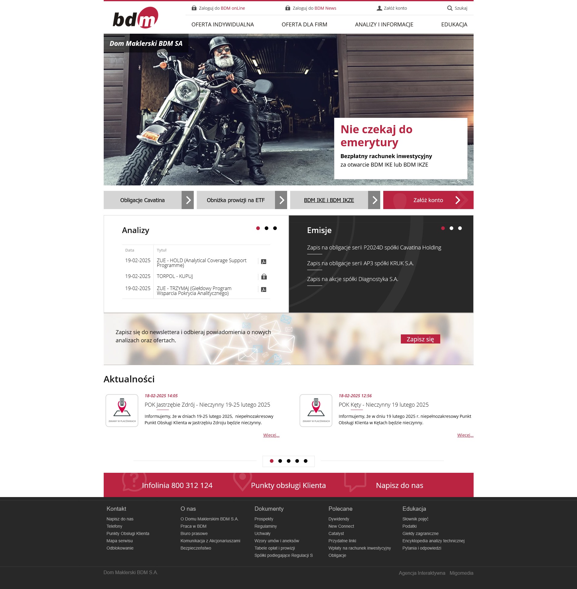 Zdjęcie przedstawia stronę internetową Domu Maklerskiego BDM SA z mężczyzną na motocyklu w tle, promującą bezpłatny rachunek inwestycyjny.