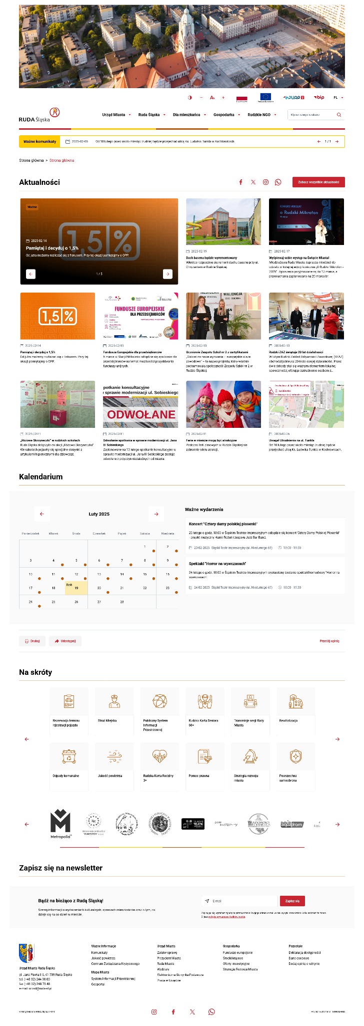 Zrzut ekranu strony internetowej miasta Ruda Śląska, prezentujący aktualności, kalendarz wydarzeń i skróty do ważnych informacji.