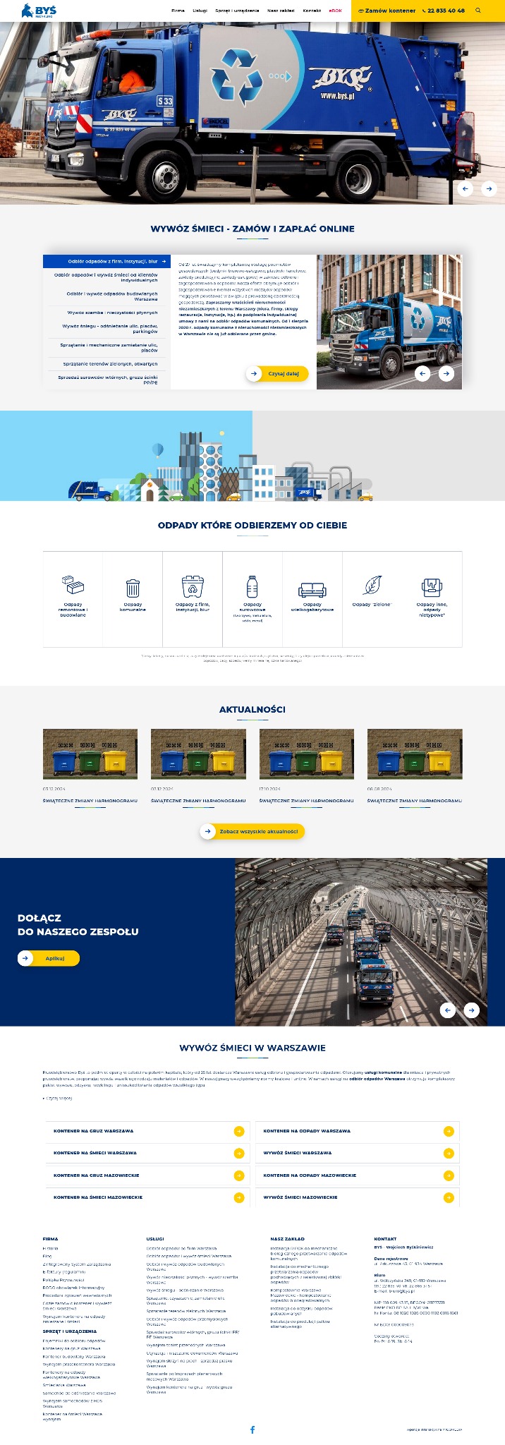 Strona internetowa firmy Bys zajmującej się wywozem śmieci, prezentująca niebiesko-białą śmieciarkę z logo firmy i symbolem recyklingu.