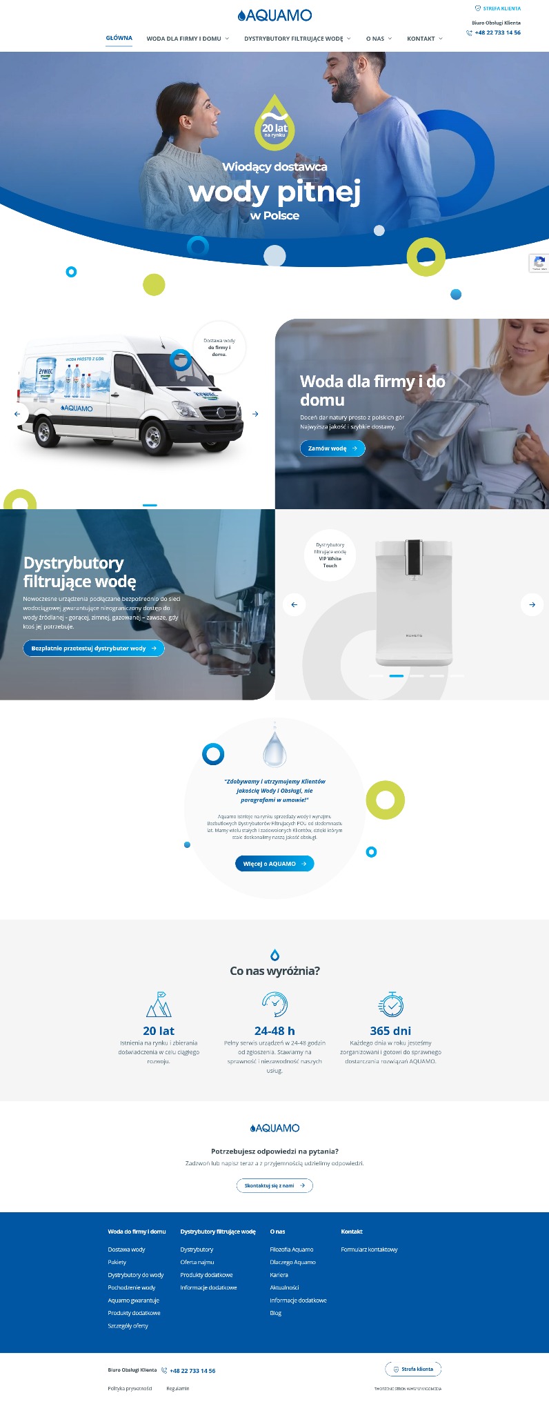 Projekt strony internetowej firmy zajmującej się dystrybucją wody pitnej, z widocznym logo Aquamo, hasłem reklamowym i zdjęciami produktów oraz zadowolonych klientów.