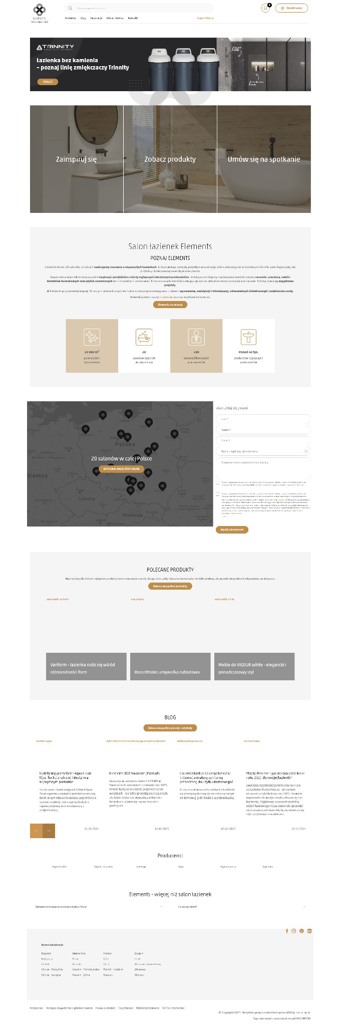 Strona internetowa salonu łazienek Elements z banerem reklamowym zmiękczaczy wody Trinnity, prezentująca ofertę produktową i lokalizacje salonów w Polsce.
