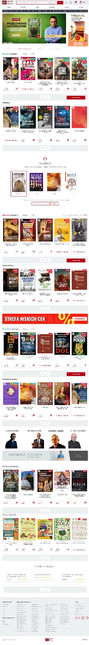 Wygląd strony internetowej sklepu z książkami, prezentujący różnorodne okładki książek, kategorie i elementy nawigacyjne, takie jak banery reklamowe, menu i stopka.