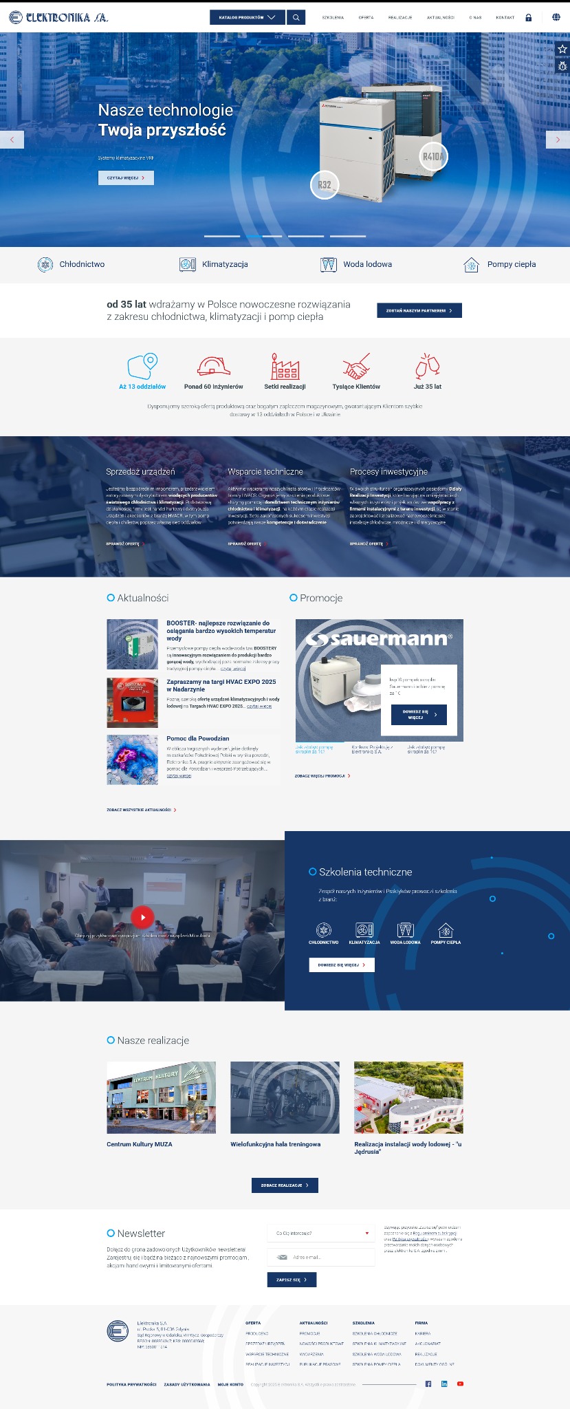 Strona internetowa firmy z branży chłodnictwa i klimatyzacji, prezentująca systemy klimatyzacyjne VRF oraz pompy ciepła na tle miejskiego krajobrazu, z widocznymi oznaczeniami czynników...