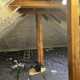 Poddasze po ociepleniu pianką PUR, widoczne drewniane elementy konstrukcyjne i czarna folia ochronna na podłodze. Metalowa drabina oparta o ścianę.