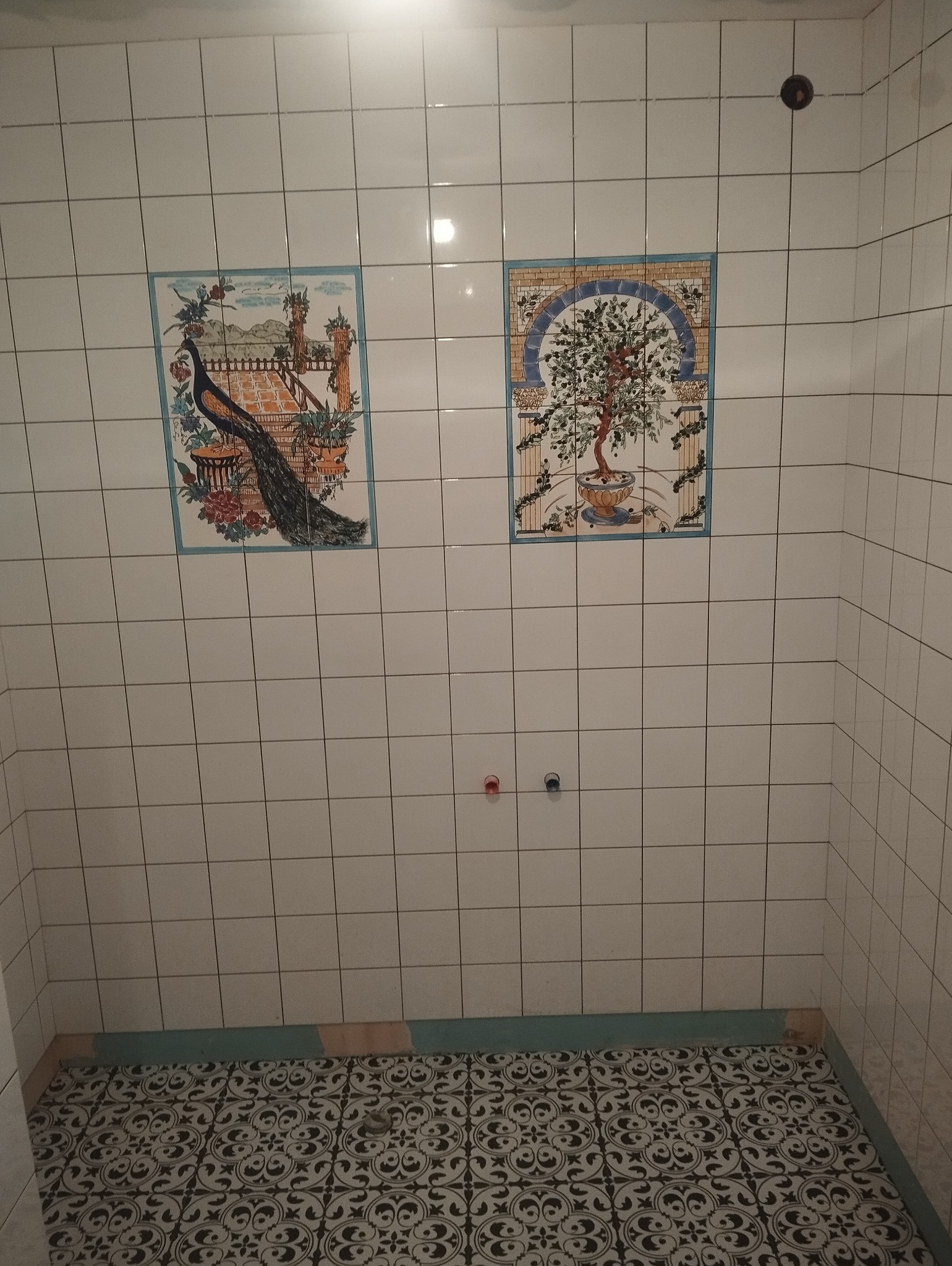 Wykończona łazienka z białymi kwadratowymi płytkami ściennymi zdobionymi dwoma obrazkami: pawiem i drzewem w doniczce, oraz podłogą wyłożoną czarno-białą mozaiką.