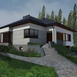 Wizualizacja parterowego domu z płaskim dachem, wykończonego białym tynkiem i szarymi płytami elewacyjnymi, z wejściem na podwyższeniu i kamienną ścieżką prowadzącą do drzwi.