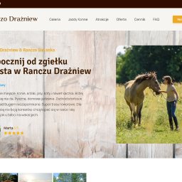 ProWP - Strony Internetowe Warszawa, Sklepy Ecommerce, Pozycjonowanie SEO - Zrzut ekranu strony internetowej ranczodrazniew.pl prezentującej ofertę wypoczynku na wsi, w tym jazdę konną, z ilustracją dziewczyny głaszczącej konia na zielonej łące.