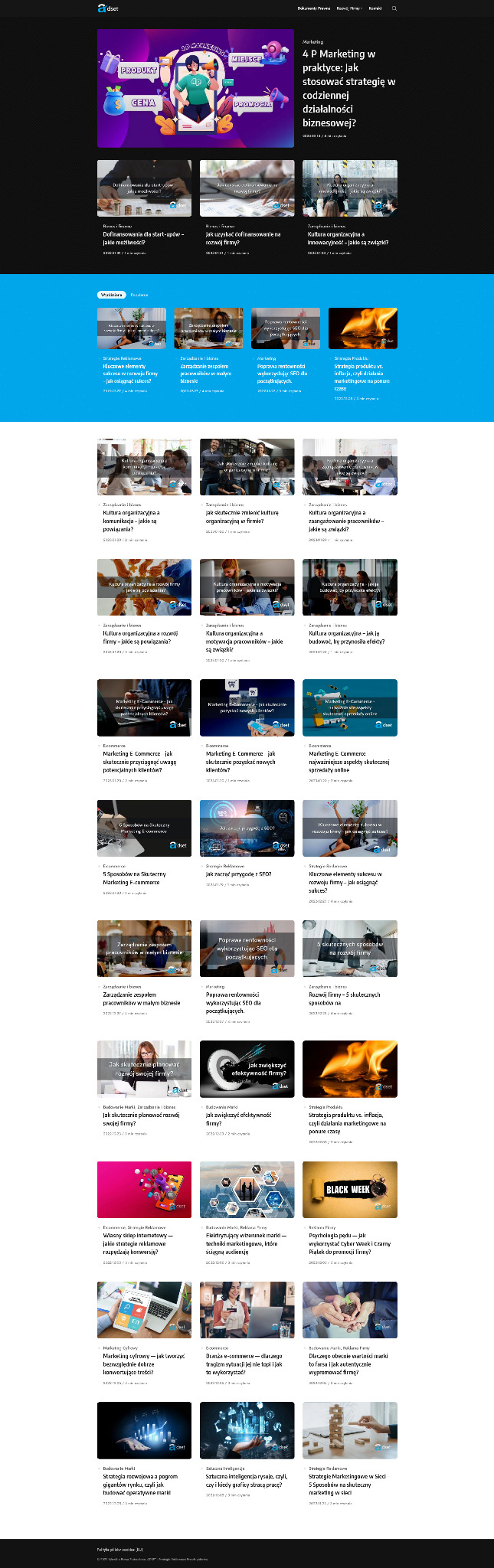 Strona internetowa z nagłówkami artykułów o marketingu, e-commerce i zarządzaniu firmą, wyświetlana na ekranie komputera.