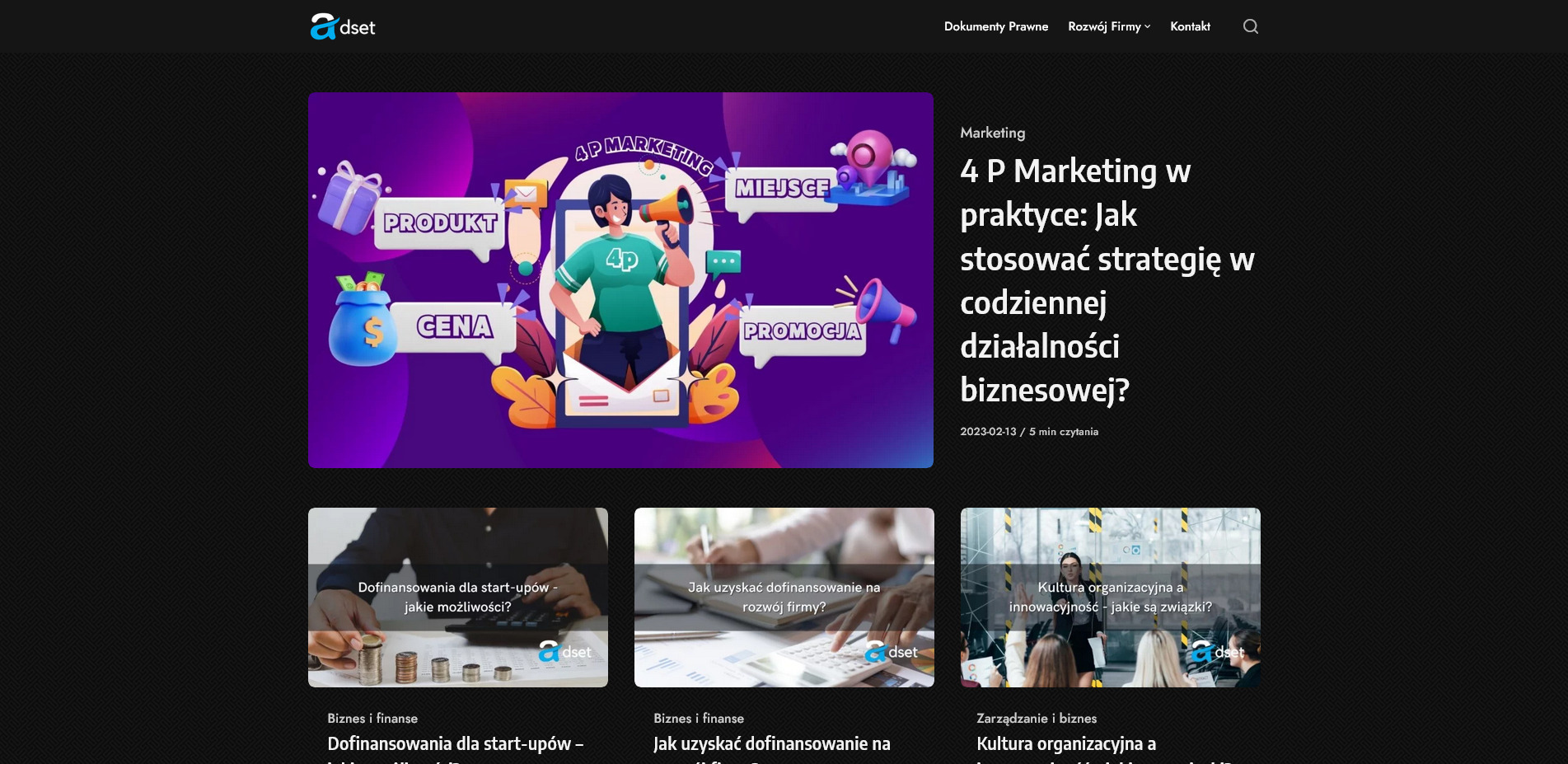 Grafika koncepcyjna 4P Marketingu (Produkt, Cena, Miejsce, Promocja) na stronie internetowej firmy adset.pl z Warszawy, ilustrująca artykuł o strategiach biznesowych.