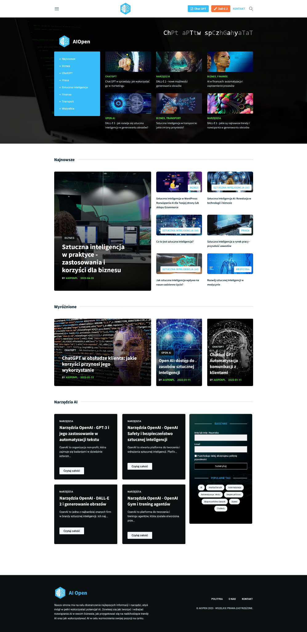 Strona internetowa bloga AI Open z artykułami o sztucznej inteligencji, ChatGPT, DALL-E 2 i automatyzacji, z nagłówkiem 'ChPt aPTtw spCzhGahyaTaT' i formularzem subskrypcji.