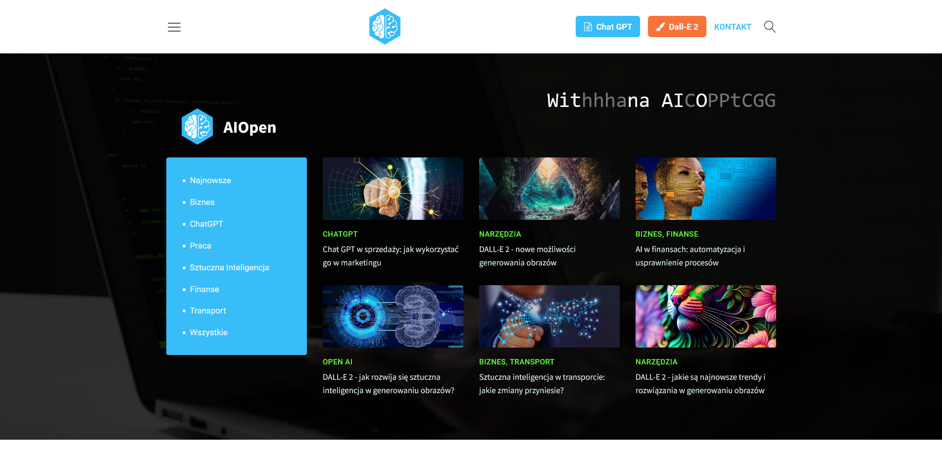 Strona internetowa z nagłówkiem 'Withhhana AICOPPtCGG', logo firmy AIOpen oraz sekcjami poświęconymi ChatGPT, Dall-E 2 i sztucznej inteligencji w biznesie, finansach i transporcie.