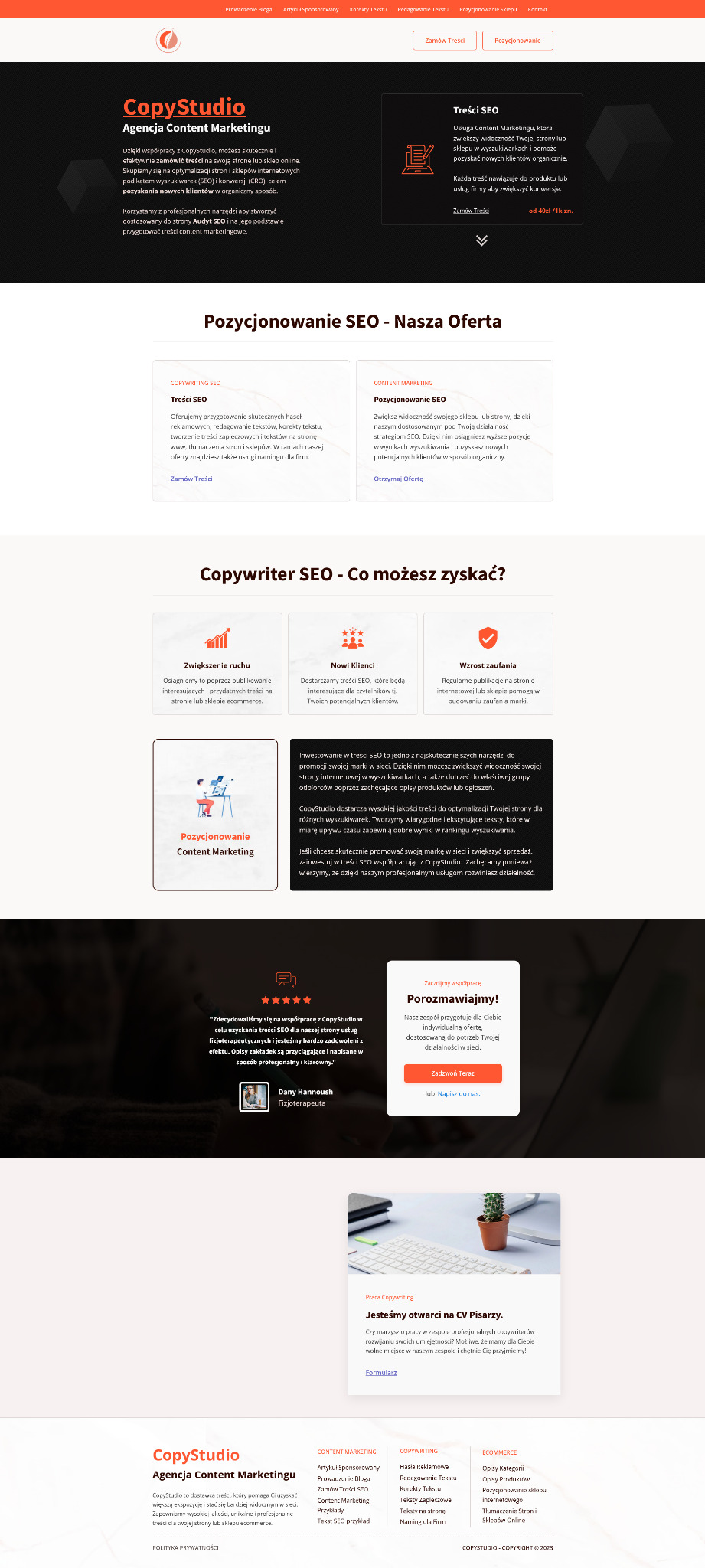 Strona internetowa agencji content marketingowej CopyStudio prezentująca ofertę treści SEO, copywriting SEO oraz pozycjonowanie SEO z elementami graficznymi i referencjami klientów.