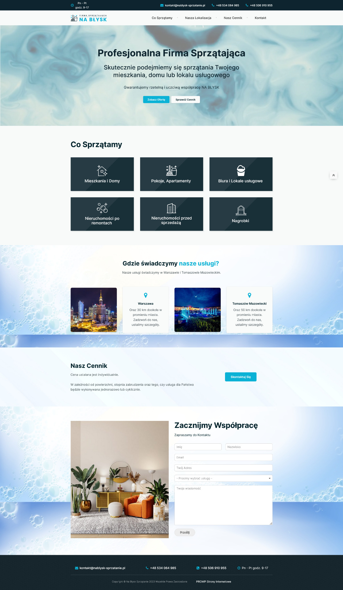 Aranżacja wnętrza z pomarańczowym fotelem, okrągłym lustrem i roślinami doniczkowymi, prezentowana na stronie internetowej firmy sprzątającej.