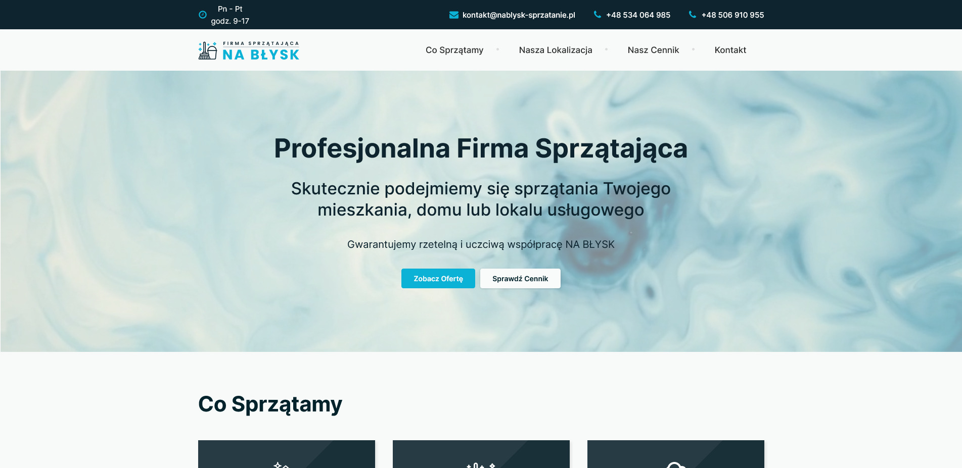 Strona internetowa firmy sprzątającej Na Błysk z nagłówkiem 'Profesjonalna Firma Sprzątająca' i informacjami kontaktowymi.