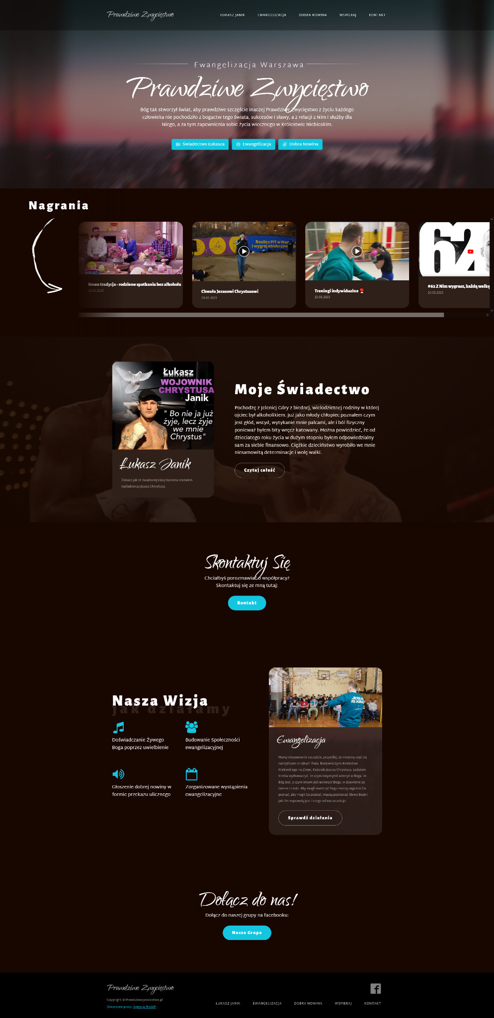 Strona internetowa z nagraniami wideo i świadectwem Łukasza Janika, prezentująca działalność ewangelizacyjną z elementami wizualnymi i odnośnikami do mediów społecznościowych.