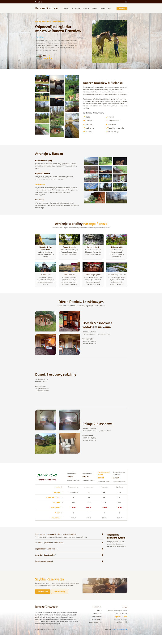 Strona internetowa rancza Drażniew z nagłówkiem 'Odpocznij od zgiełku miasta w Ranczu Drażniew', zdjęciem konia z dzieckiem i sekcjami 'Atrakcje w Ranczu', 'Oferta Domków Letniskowych' i 'Cennik...