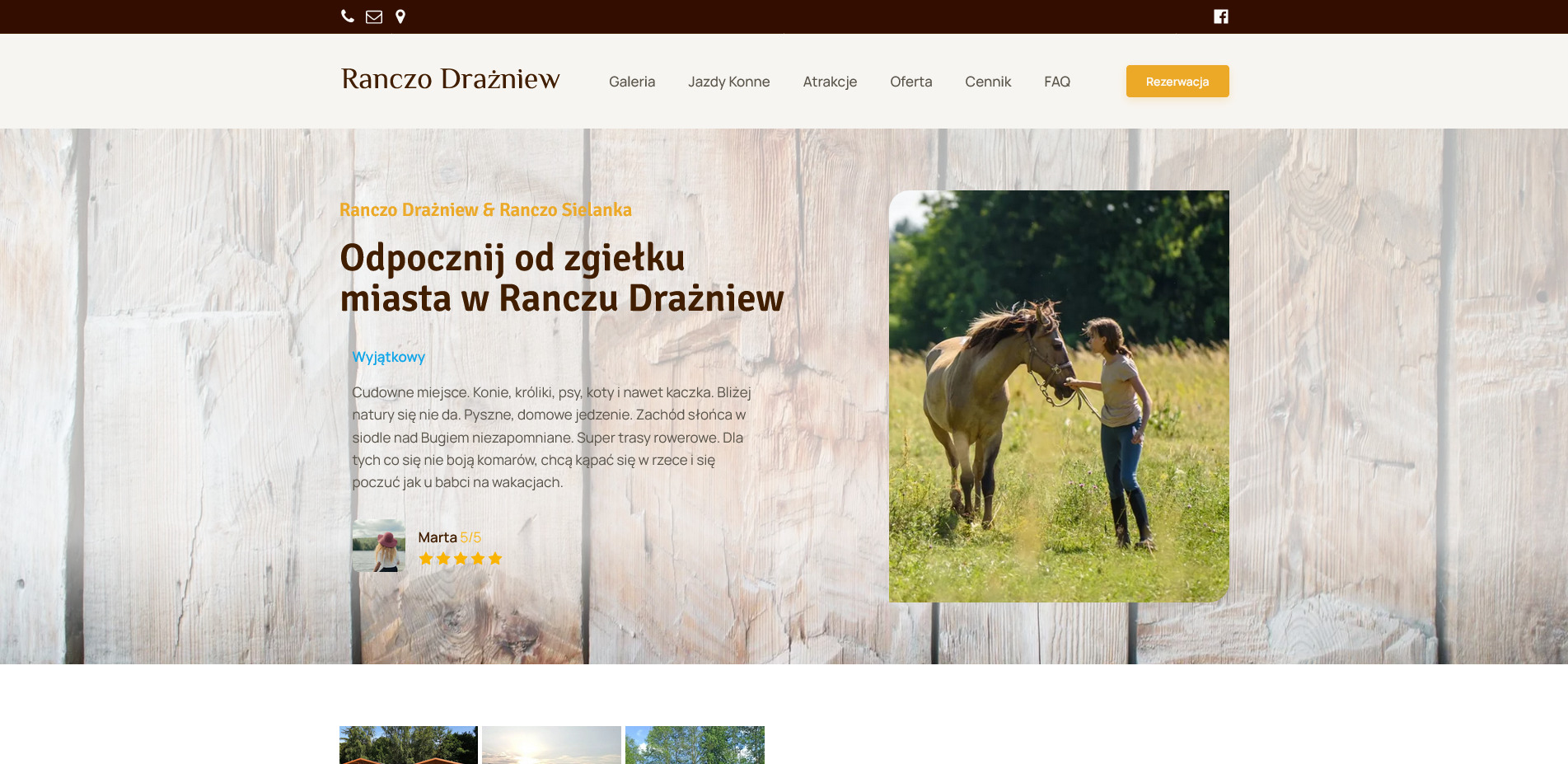 Zrzut ekranu strony internetowej ranczodrazniew.pl prezentującej ofertę wypoczynku na wsi, w tym jazdę konną, z ilustracją dziewczyny głaszczącej konia na zielonej łące.