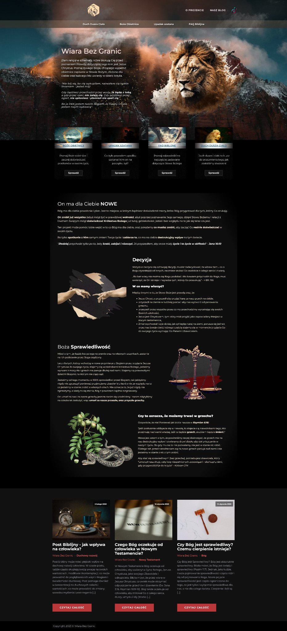 Grafika strony internetowej o tematyce religijnej, z motywem lwa i gór, prezentująca treści związane z wiarą, obietnicami Bożymi i duchowością.