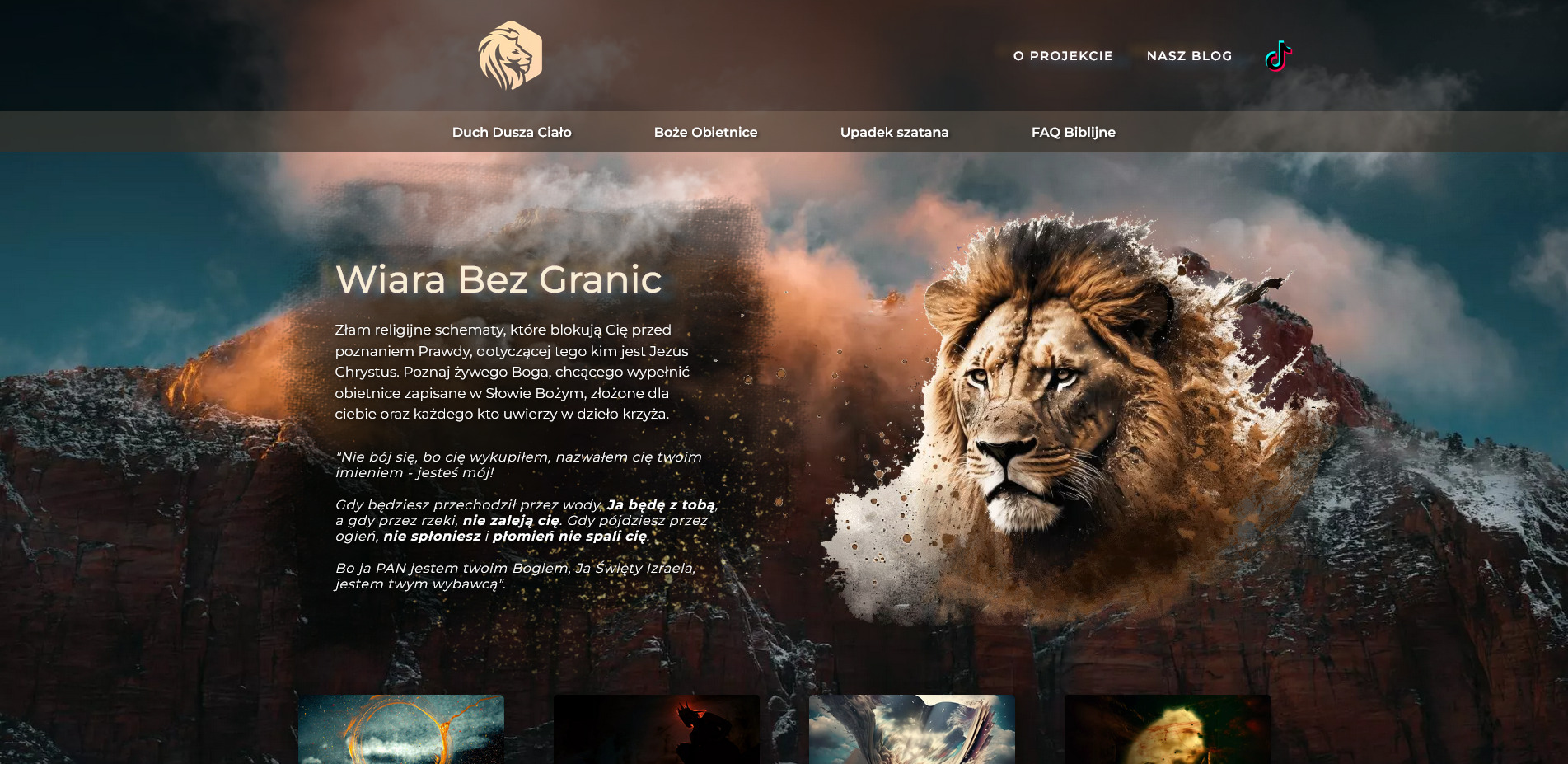 Strona internetowa wiarabezgranic.pl z motywem lwa i gór, z tekstem o wierze i obietnicach Boga.