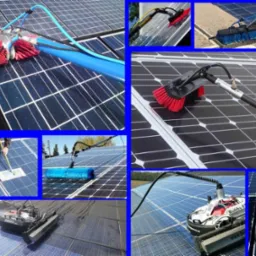 Czyszczenie paneli fotowoltaicznych różnymi metodami: szczotkami obrotowymi, mopem i robotem czyszczącym.