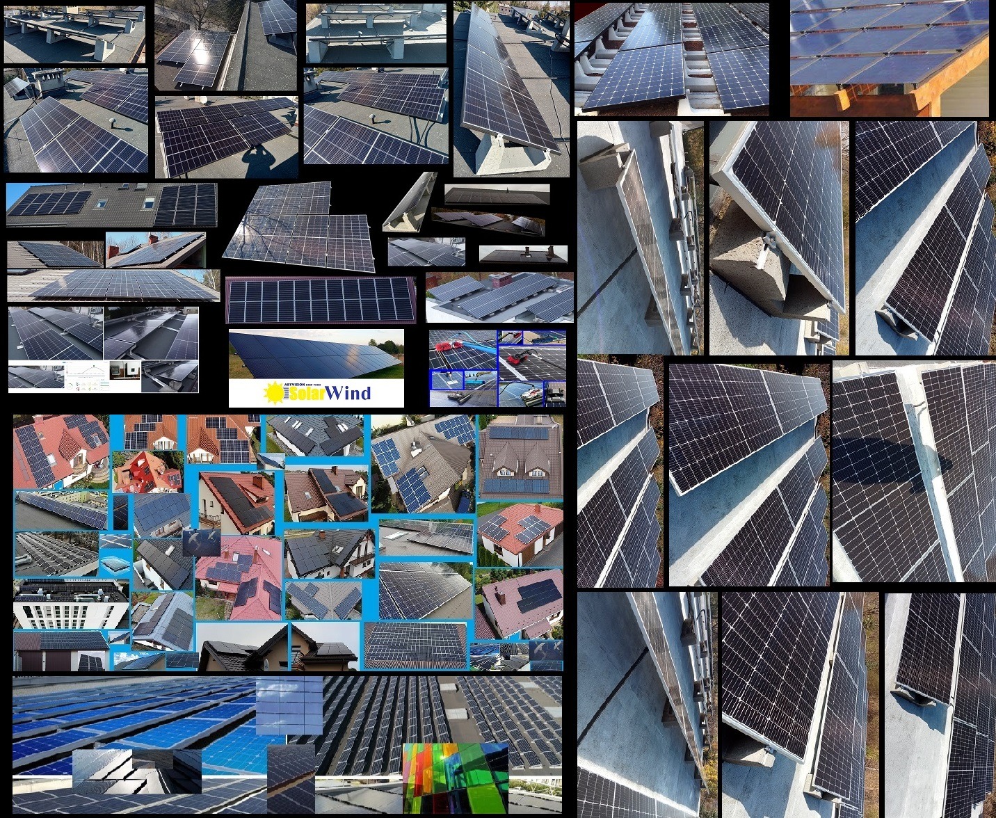 Kompozycja zdjęć instalacji paneli słonecznych na różnych dachach i konstrukcjach, w tym zbliżenia na mocowania i panele na płaskich dachach.