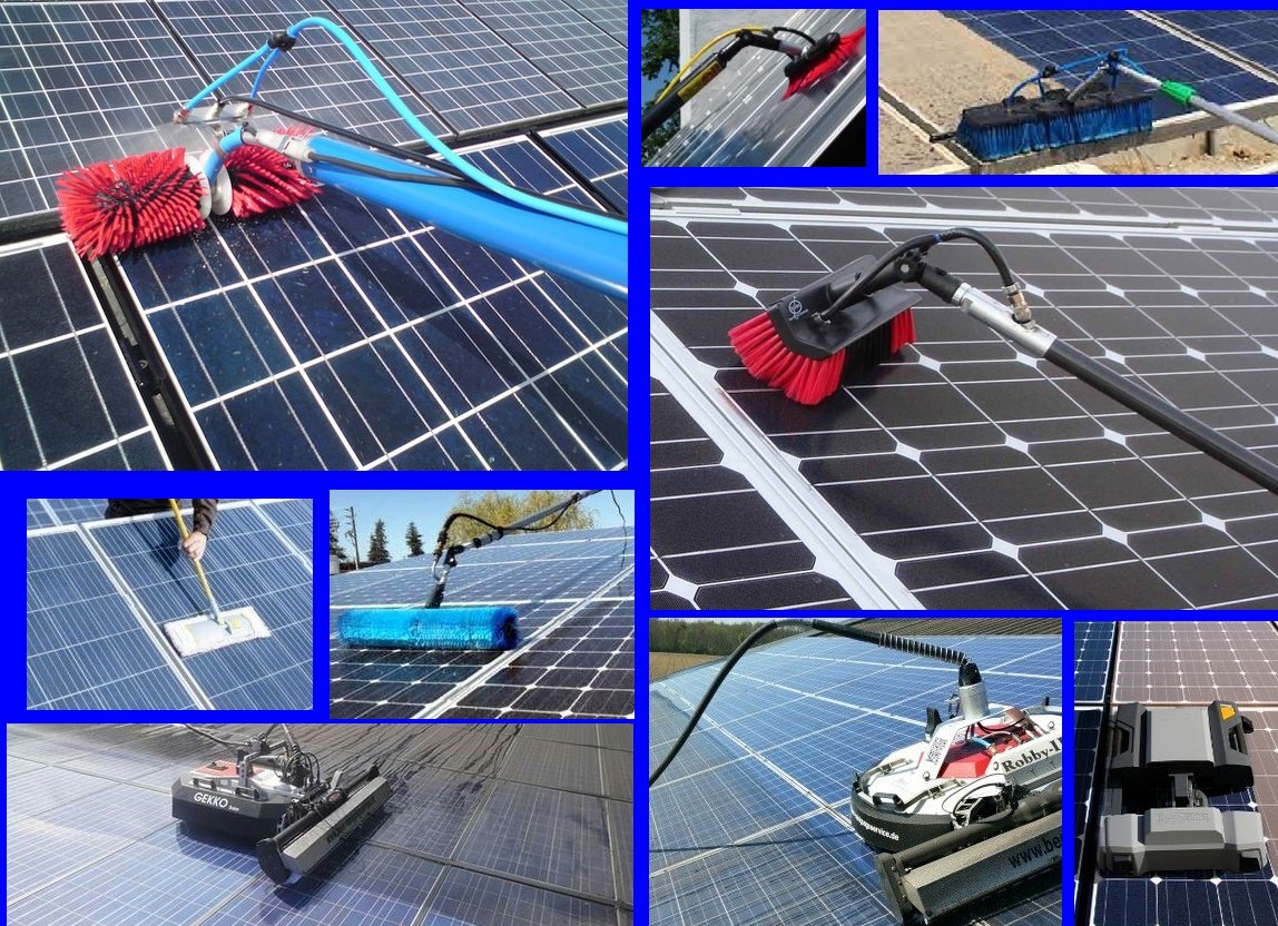 Czyszczenie paneli fotowoltaicznych różnymi metodami: szczotkami obrotowymi, mopem i robotem czyszczącym.