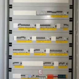 Rozdzielnica elektryczna z zabezpieczeniami różnicowoprądowymi i nadprądowymi, opisana żółtymi etykietami, z dolnym panelem dedykowanym instalacji fotowoltaicznej PV AC, zawierającym ograniczniki...