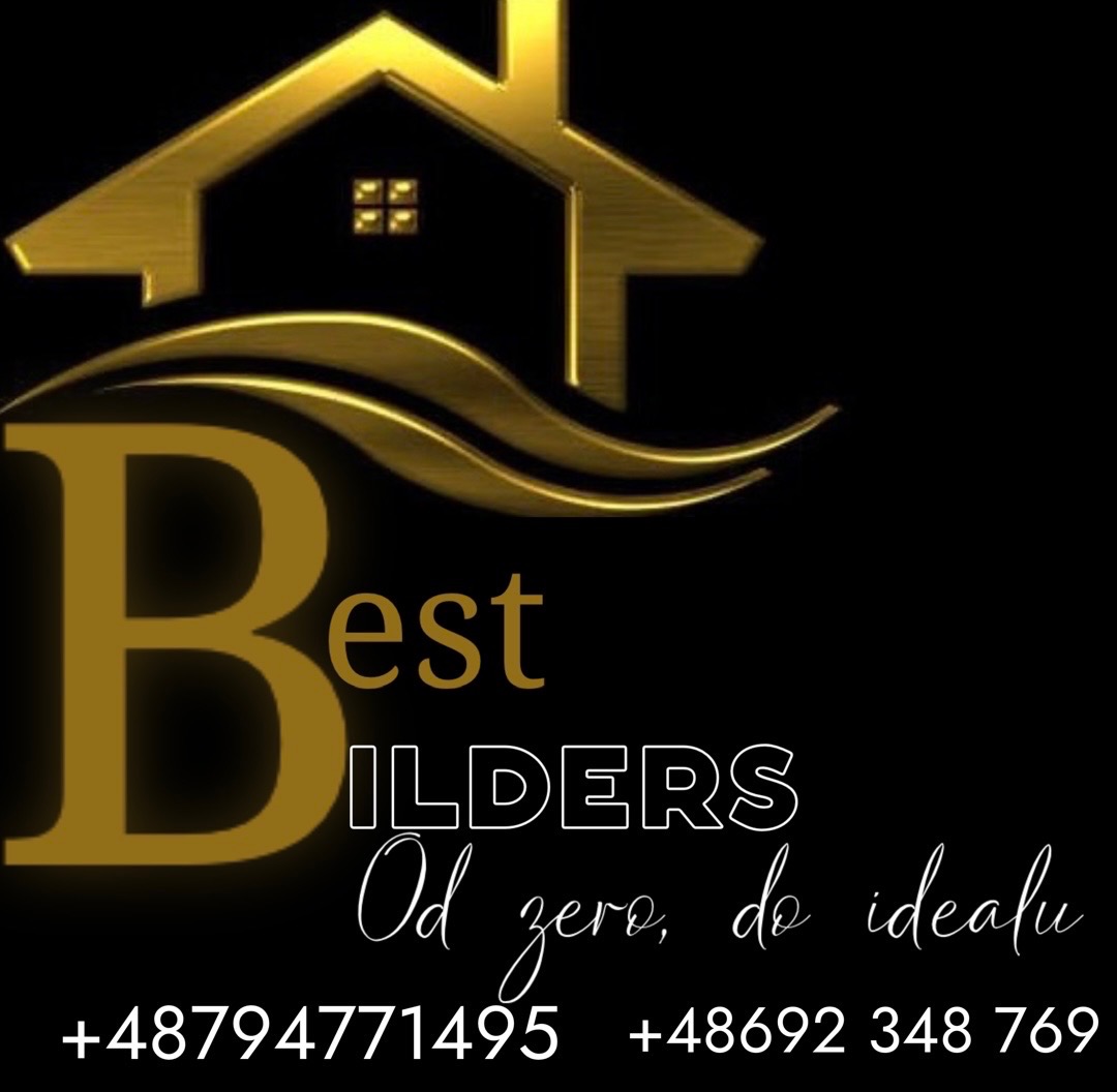 Złote logo 'Best Builders' na czarnym tle, z motywem domu i hasłem 'Od zero, do ideału' oraz numerami telefonów.