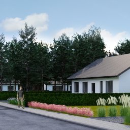 TK INVESTMENTS SPÓŁKA Z OGRANICZONĄ ODPOWIEDZIALNOŚCIĄ - Wizualizacja osiedla domów jednorodzinnych z białymi elewacjami i szarymi dachami, otoczonych zielenią. Na pierwszym planie chodnik i ulica, w tle wysokie drzewa.