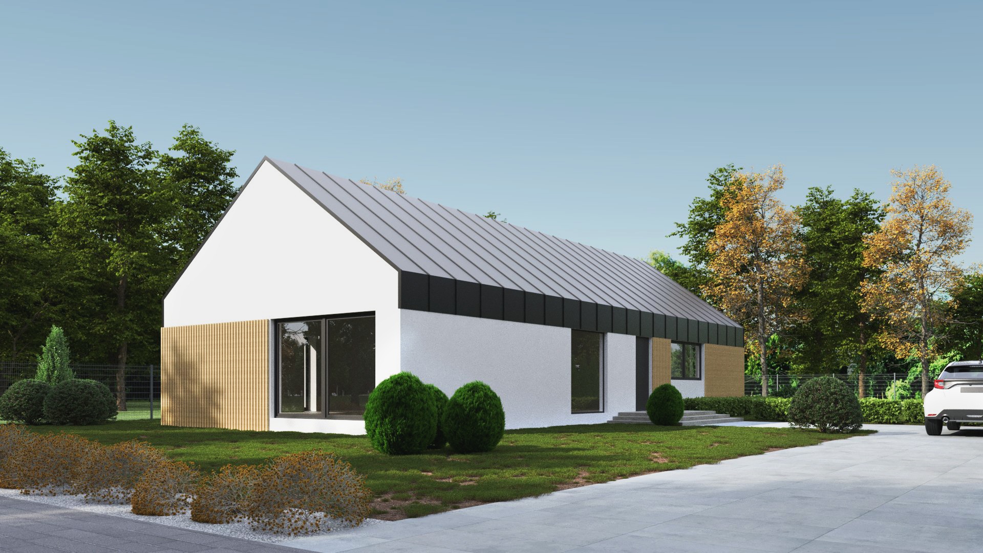 Wizualizacja nowoczesnego, parterowego domu z białymi ścianami, szarym dachem i drewnianymi akcentami. Widoczny ogród i podjazd. Minimalistyczny design.