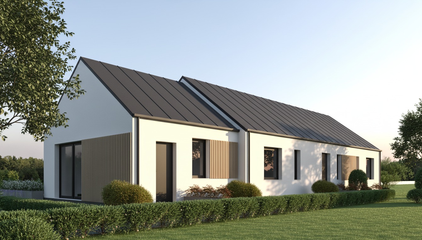 Nowoczesny dom jednorodzinny ze skośnym dachem w Starym Toruniu. Biała elewacja z drewnianymi akcentami, zadbany trawnik i krzewy.