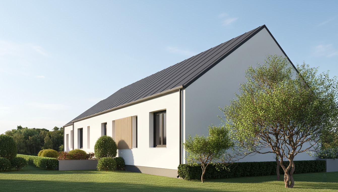 Nowoczesny dom jednorodzinny z białymi ścianami i ciemnym dachem, otoczony zielenią. Widok z boku, ukazujący minimalistyczny design i starannie zagospodarowany ogród.