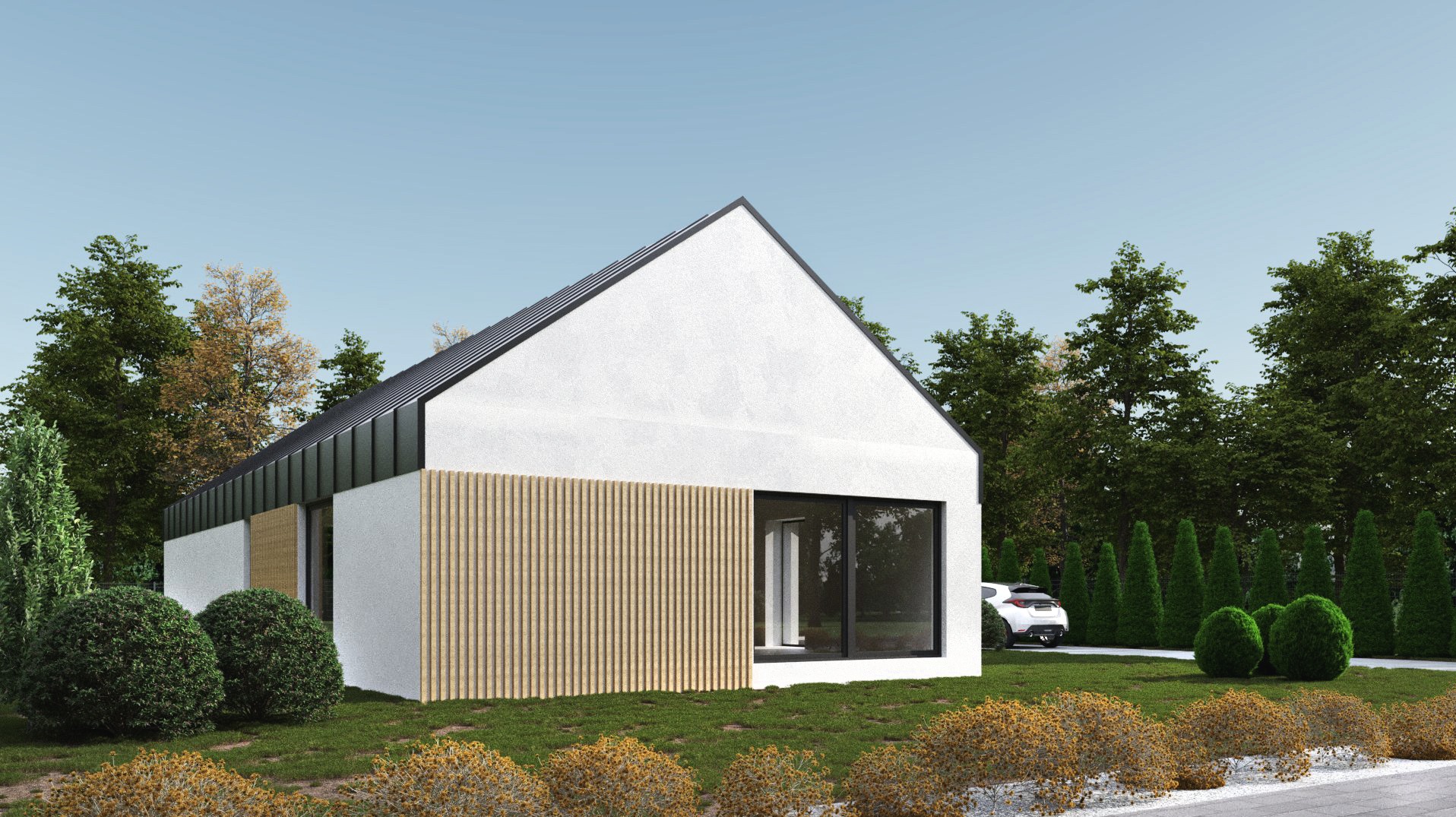 Nowoczesny dom jednorodzinny z białymi ścianami, drewnianą elewacją i czarnym dachem, otoczony zielenią. W tle widoczny samochód i drzewa.