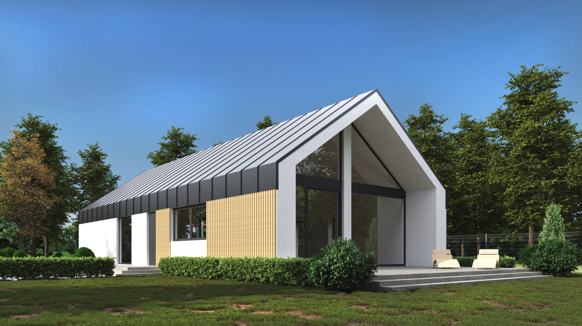 Wizualizacja nowoczesnego domu jednorodzinnego z dwuspadowym dachem, elementami drewnianymi na elewacji i dużymi przeszkleniami, otoczonego zielenią i minimalistycznym ogrodem.